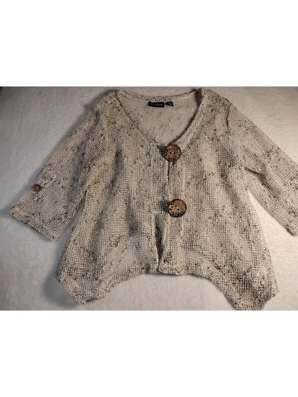Nina Leonard Mesh Knit Cardigan Handkerchief Asymmetric Big Wood Buttons Size XL